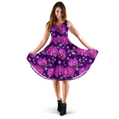 Orchid Purple Pattern Print Design OR02 Midi Dress