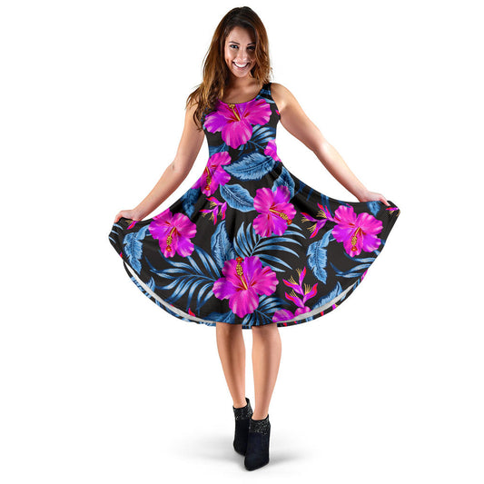 Neon Pink Hibiscus Pattern Print Design HB015 Midi Dress