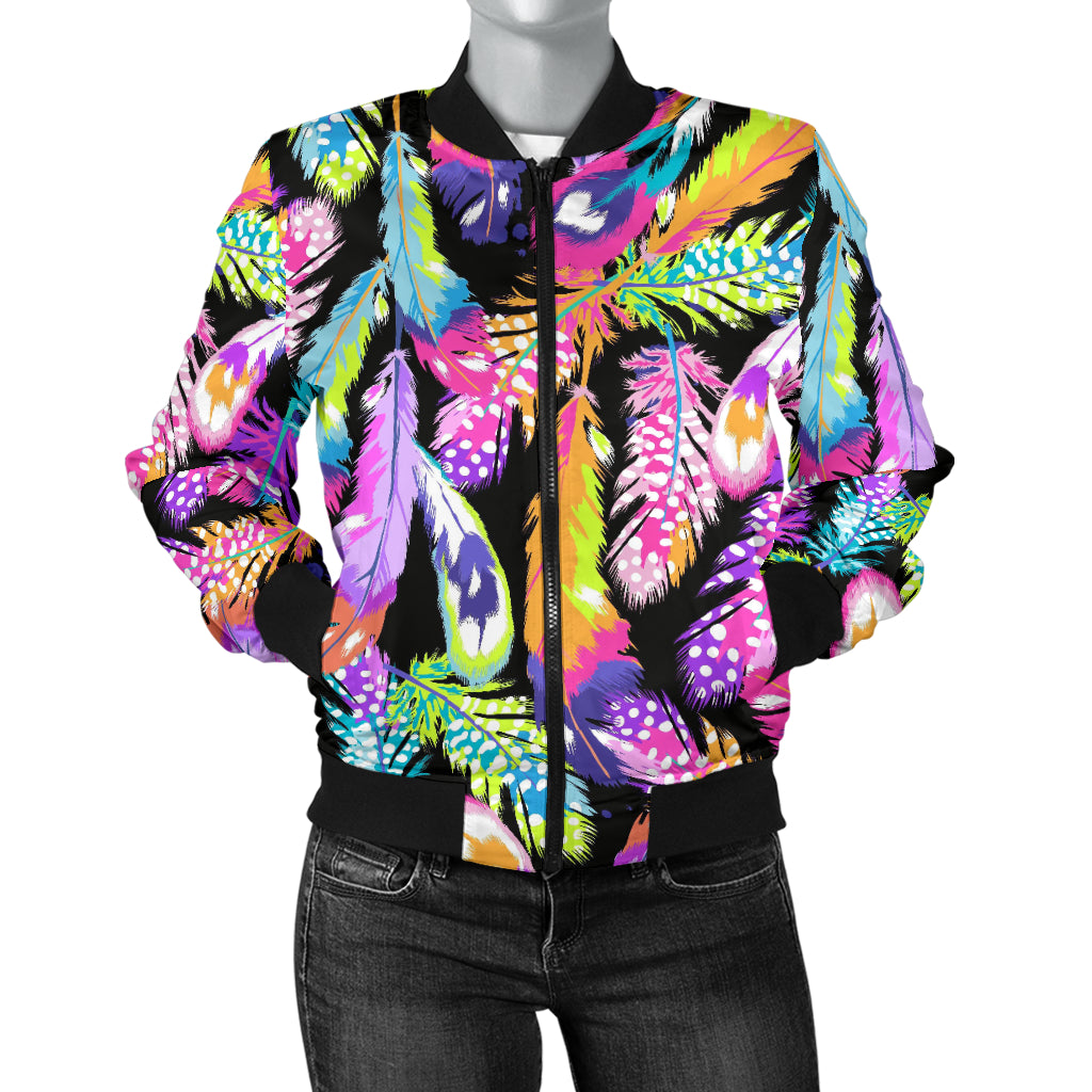 Neon Feather Pattern Print Design A02 Women's Bomber Jacket