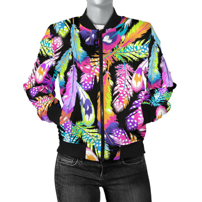 Neon Feather Pattern Print Design A02 Women's Bomber Jacket