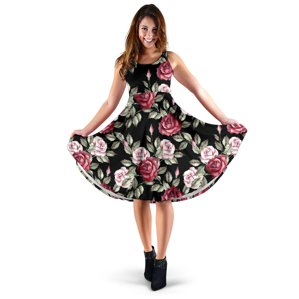 Rose Red Pink Pattern Print Design RO03 Midi Dress