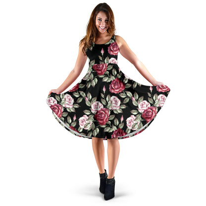 Rose Red Pink Pattern Print Design RO03 Midi Dress