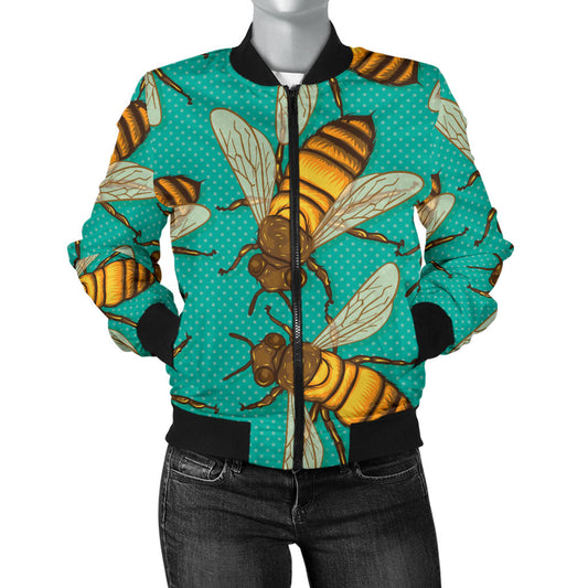 Bee Pattern Print Design BEE04 Women Bomber Jacket