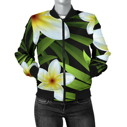 White Plumeria Pattern Print Design PM06 Women Bomber Jacket