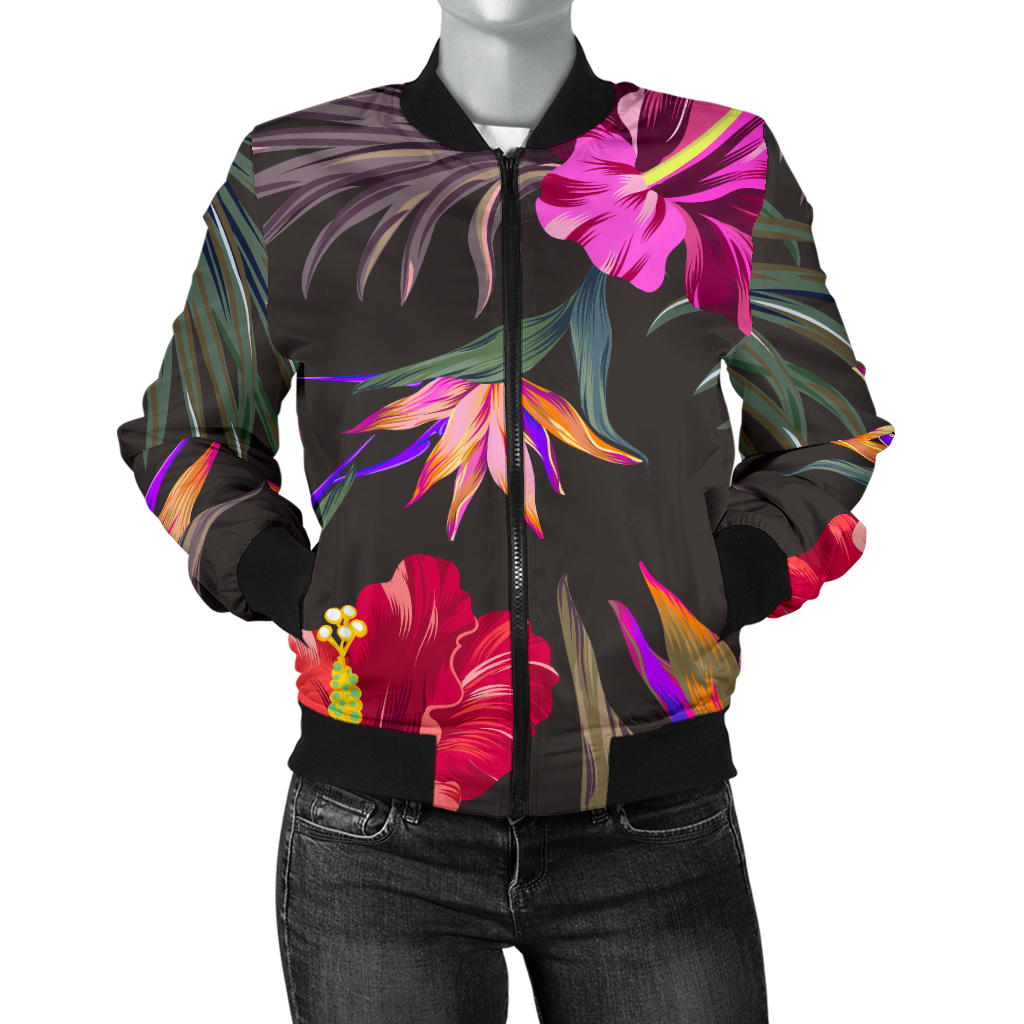 Hibiscus Pattern Print Design HB014 Women Bomber Jacket