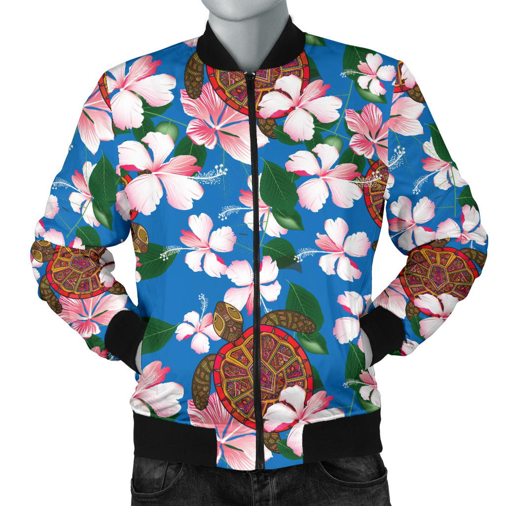 Sea Turtle Pink Hibiscus Hawaiian Print Men Bomber Jacket