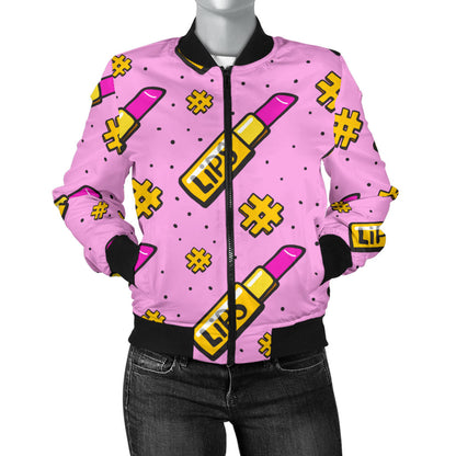 Lipstick Pattern Print Design LT03 Women Bomber Jacket