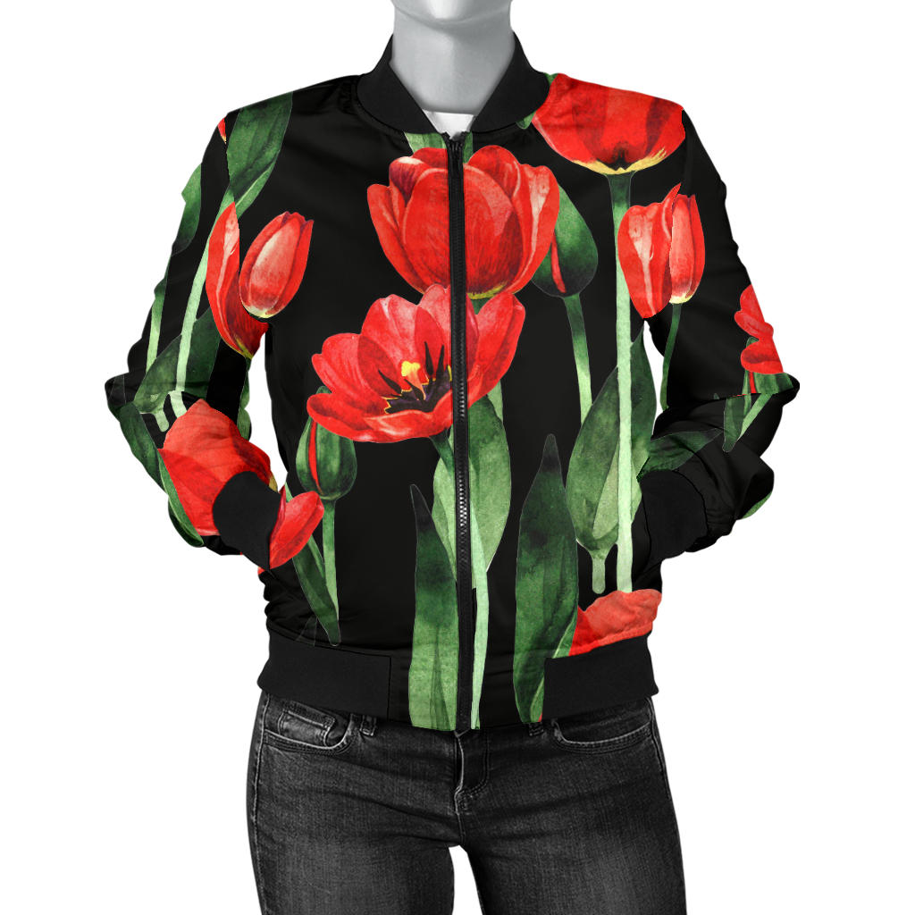 Tulip Red Pattern Print Design TP03 Women Bomber Jacket