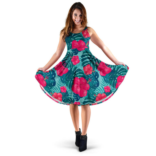 Red Hibiscus Pattern Print Design HB017 Midi Dress