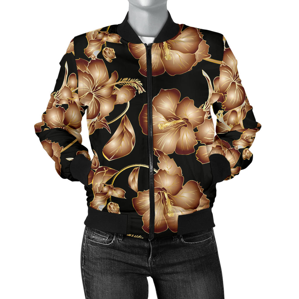 Brown Hibiscus Pattern Print Design HB06 Women Bomber Jacket