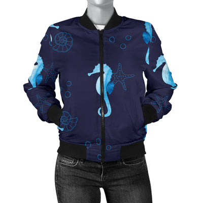 SeaHorse Blue neon Pattern Print Design 03 Women's Bomber Jacket