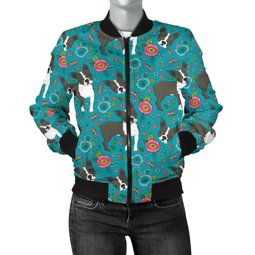 Boston Terrier Pattern Print Design 07 Women's Bomber Jacket