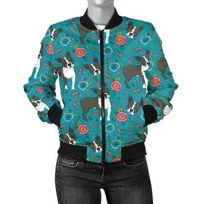Boston Terrier Pattern Print Design 07 Women's Bomber Jacket