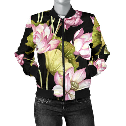Water Lily Pattern Print Design WL06 Women Bomber Jacket