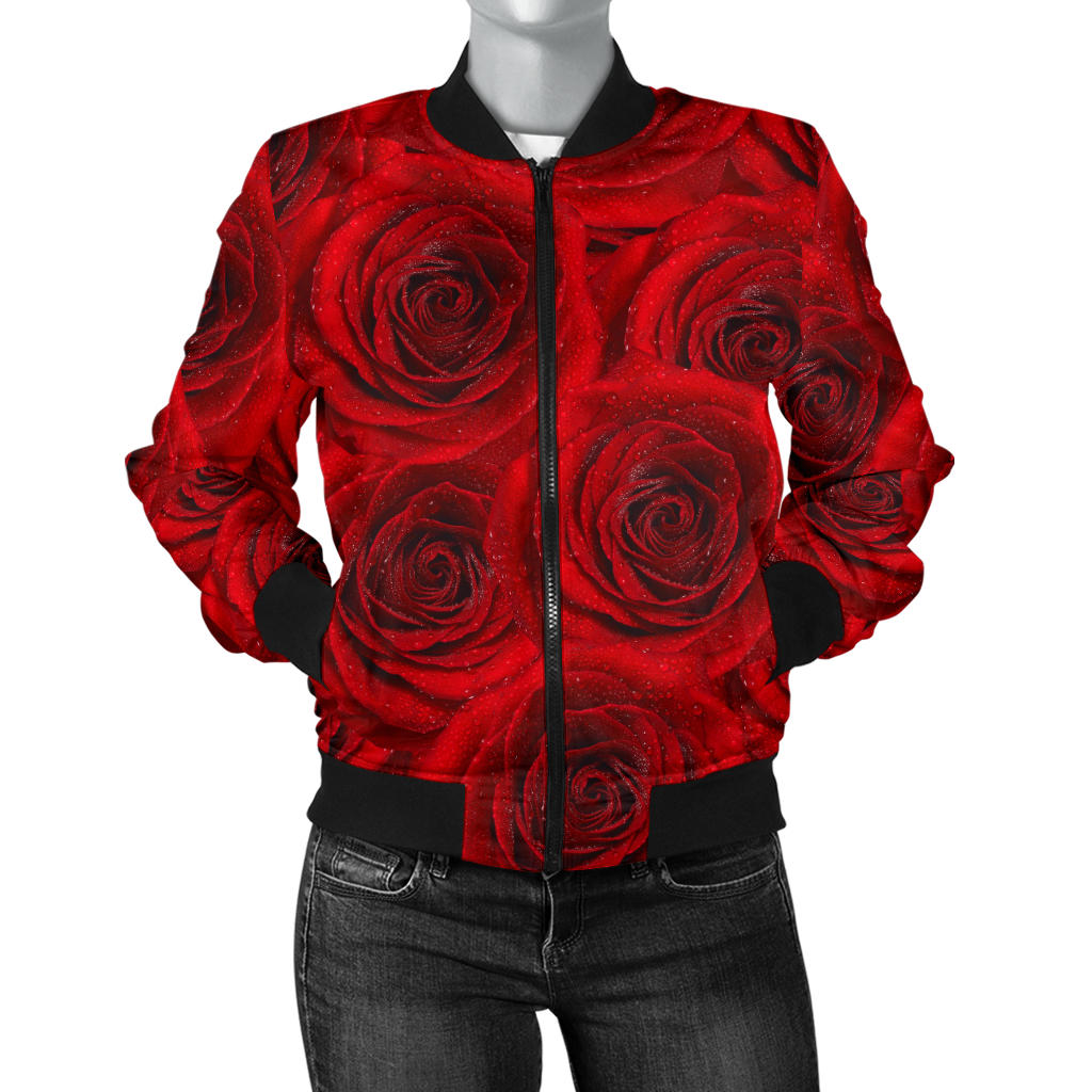 Rose Red Pattern Print Design RO04 Women Bomber Jacket