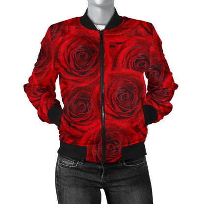 Rose Red Pattern Print Design RO04 Women Bomber Jacket