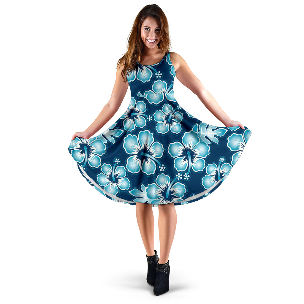 Blue Hibiscus Pattern Print Design HB011 Midi Dress