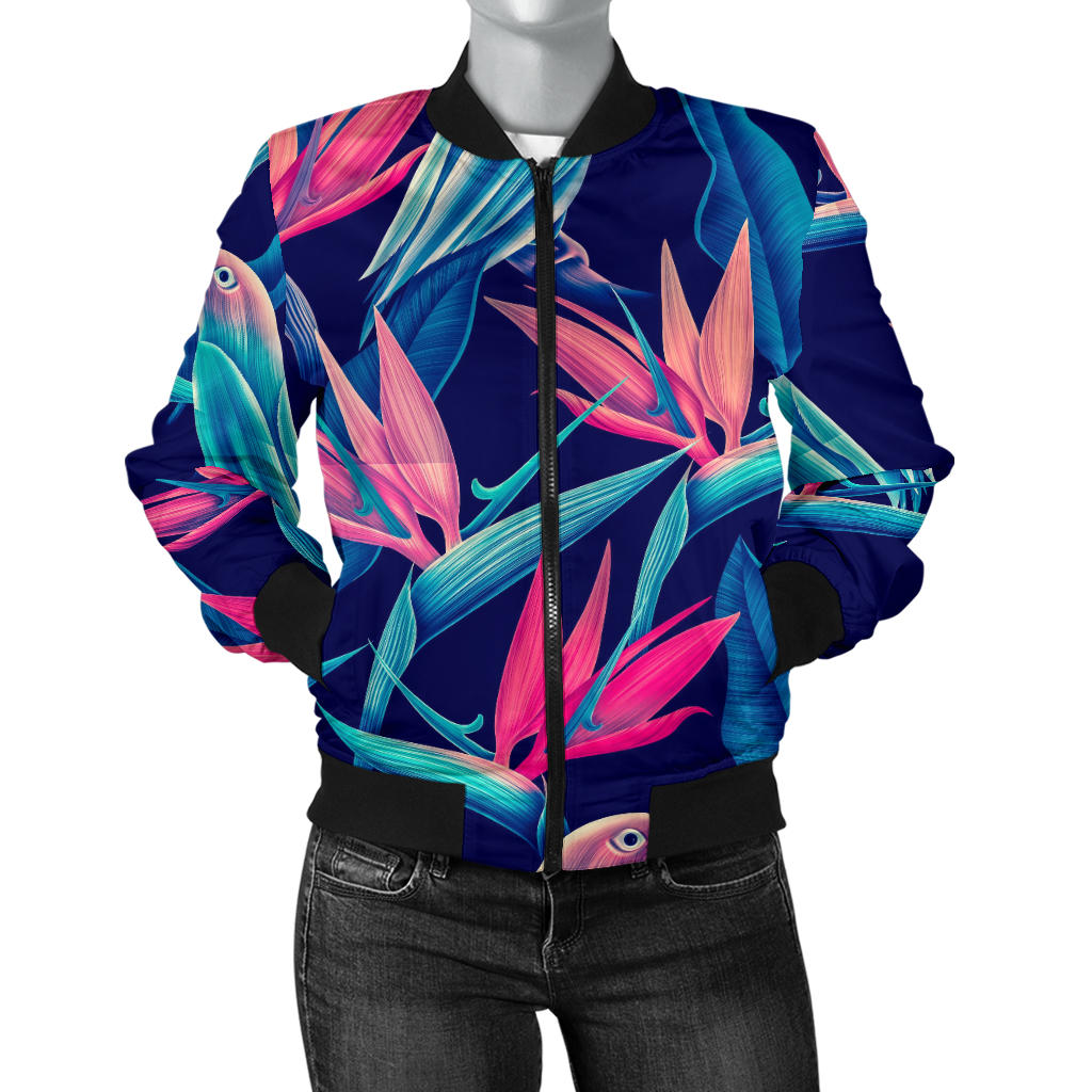 Tropical Flower Pattern Print Design TF024 Women Bomber Jacket