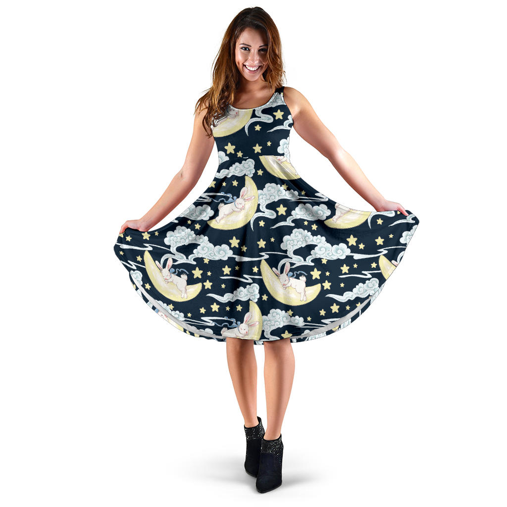 Rabbit Sleeping Pattern Print Design RB08 Midi Dress
