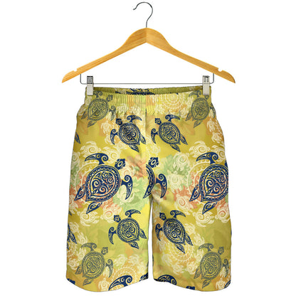 Hawaiian Turtle Tribal Design Print Mens Shorts