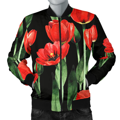 Tulip Red Pattern Print Design TP03 Men Bomber Jacket