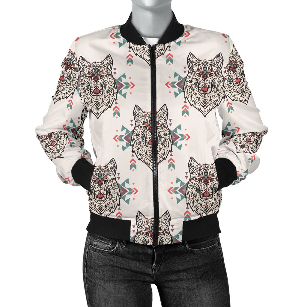 Aztec Wolf Pattern Print Design 01 Women's Bomber Jacket