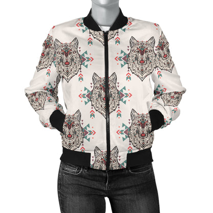 Aztec Wolf Pattern Print Design 01 Women's Bomber Jacket