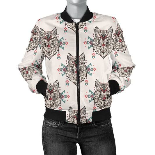 Aztec Wolf Pattern Print Design 01 Women's Bomber Jacket