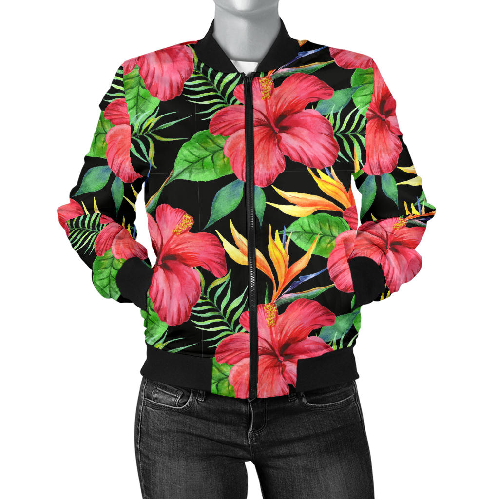 Red Hibiscus Pattern Print Design HB07 Women Bomber Jacket