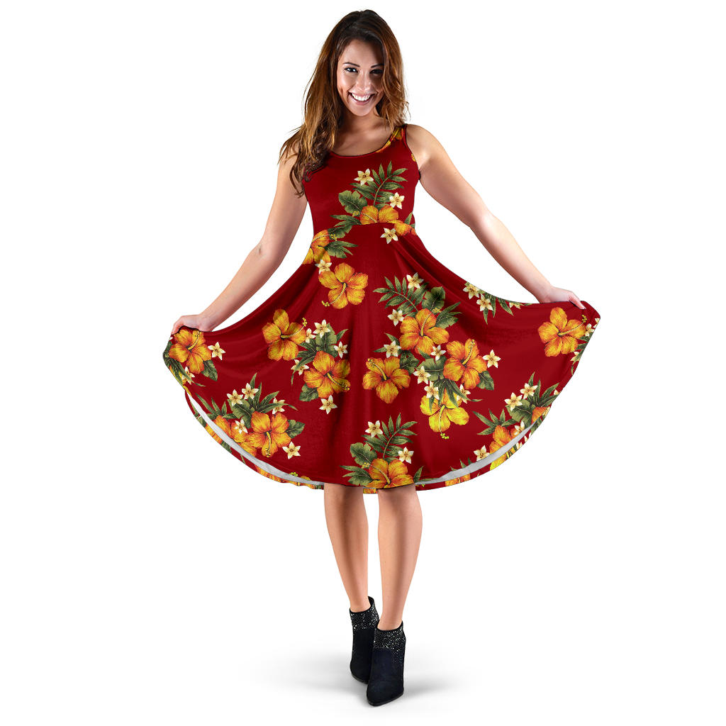 Orange Hibiscus Pattern Print Design HB026 Midi Dress