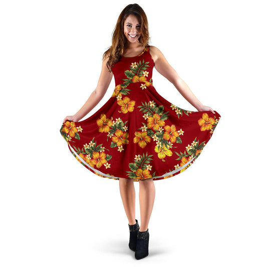 Orange Hibiscus Pattern Print Design HB026 Midi Dress