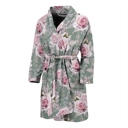 Rose White Pattern Print Design RO012 Men Bathrobe