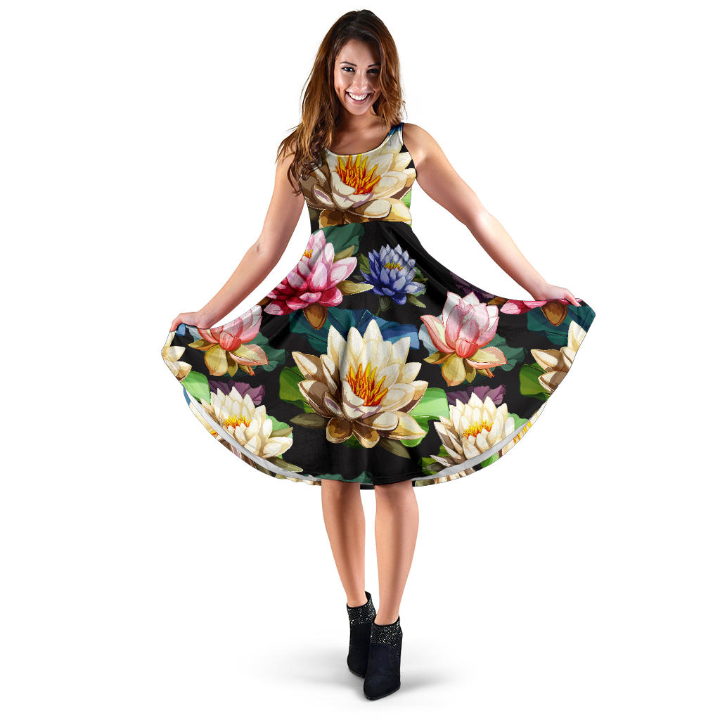 Water Lily Pattern Print Design WL02 Midi Dress