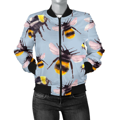 Bee Pattern Print Design BEE08 Women Bomber Jacket