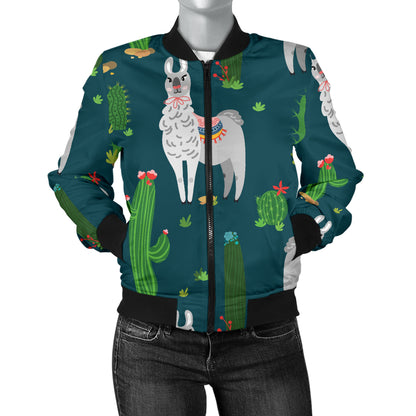 Llama Cactus Pattern Print Design 013 Women's Bomber Jacket