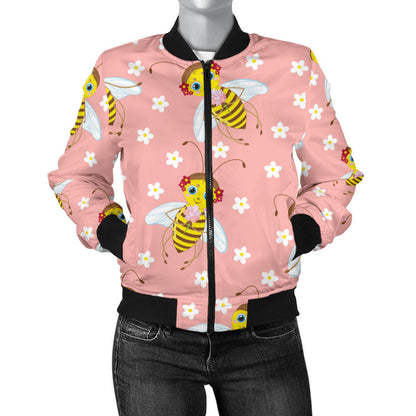 Bee Pattern Print Design BEE07 Women Bomber Jacket
