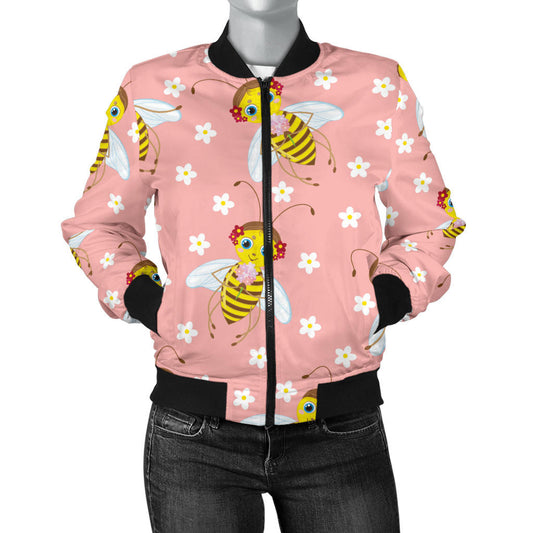 Bee Pattern Print Design BEE07 Women Bomber Jacket