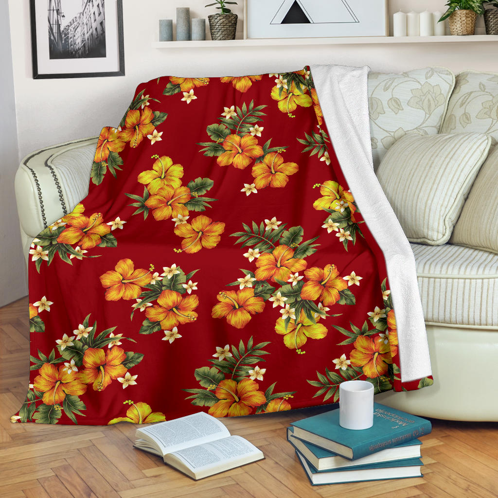 Orange Hibiscus Pattern Print Design HB026 Fleece Blanket