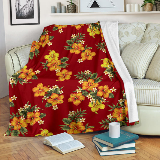 Orange Hibiscus Pattern Print Design HB026 Fleece Blanket