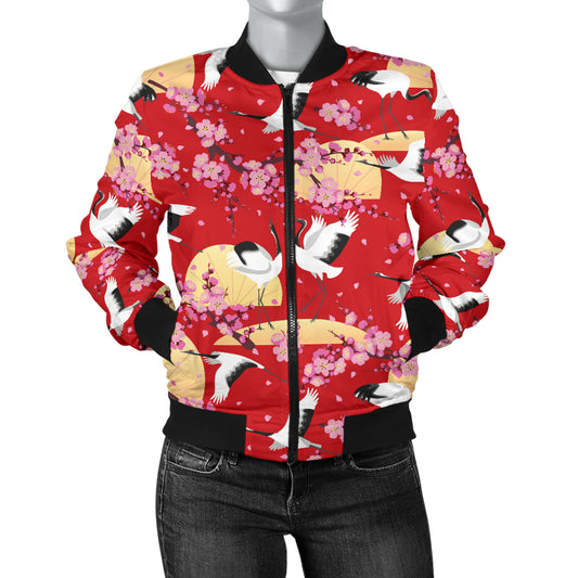 Crane Pattern Print Design 04 Women's Bomber Jacket
