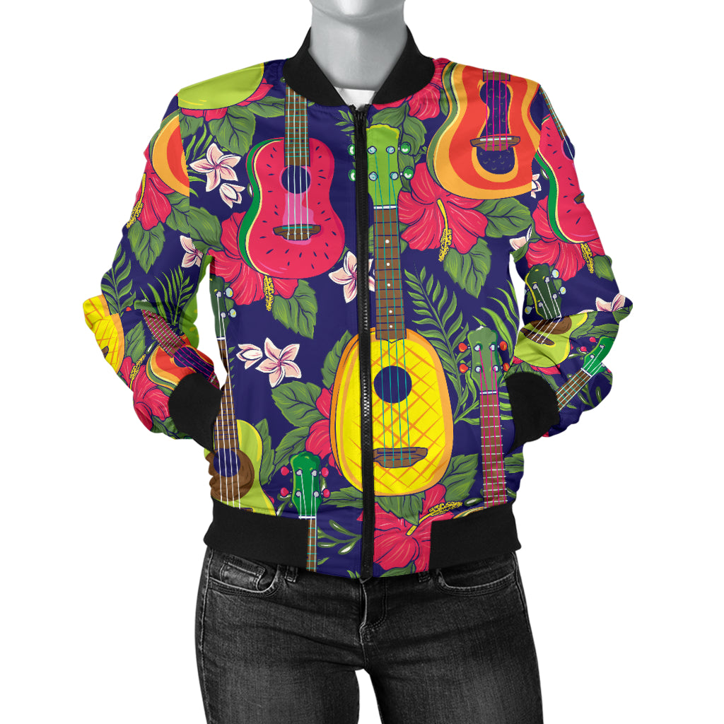 Ukulele Tropical Pattern Print Design 03 Women's Bomber Jacket