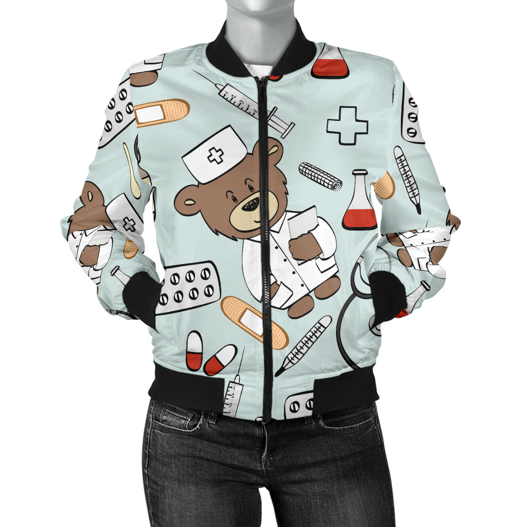 Nurse Bear Pattern Print Design A01 Women's Bomber Jacket