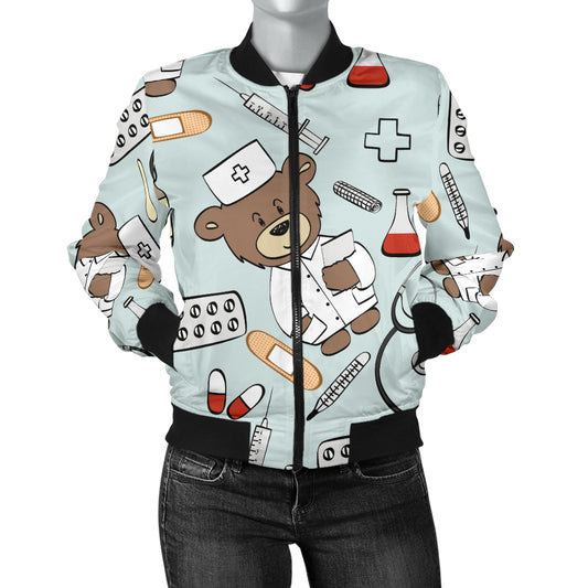 Nurse Bear Pattern Print Design A01 Women's Bomber Jacket