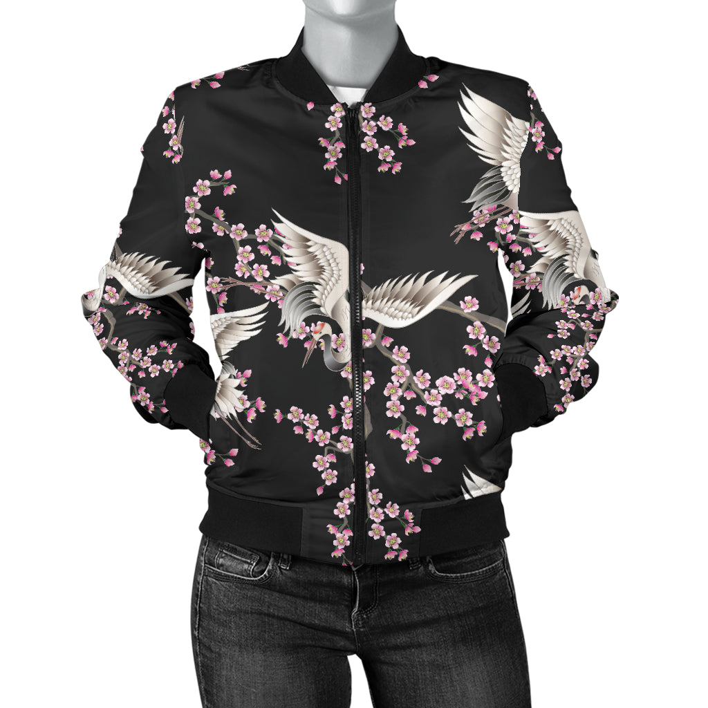 Crane Pattern Print Design 01 Women's Bomber Jacket