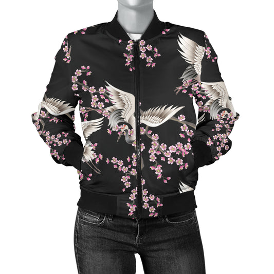 Crane Pattern Print Design 01 Women's Bomber Jacket