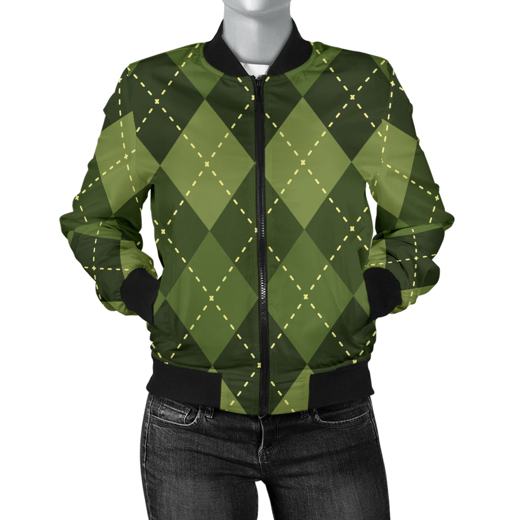 Argyle Green Pattern Print Design 01 Women's Bomber Jacket