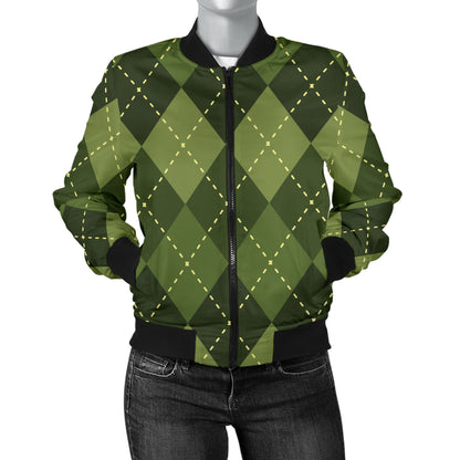 Argyle Green Pattern Print Design 01 Women's Bomber Jacket