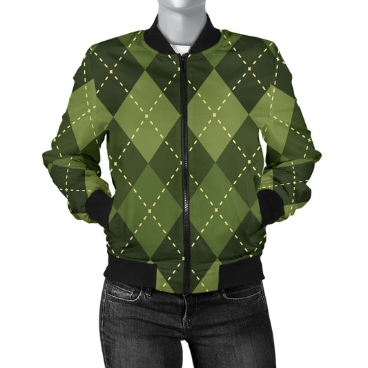 Argyle Green Pattern Print Design 01 Women's Bomber Jacket