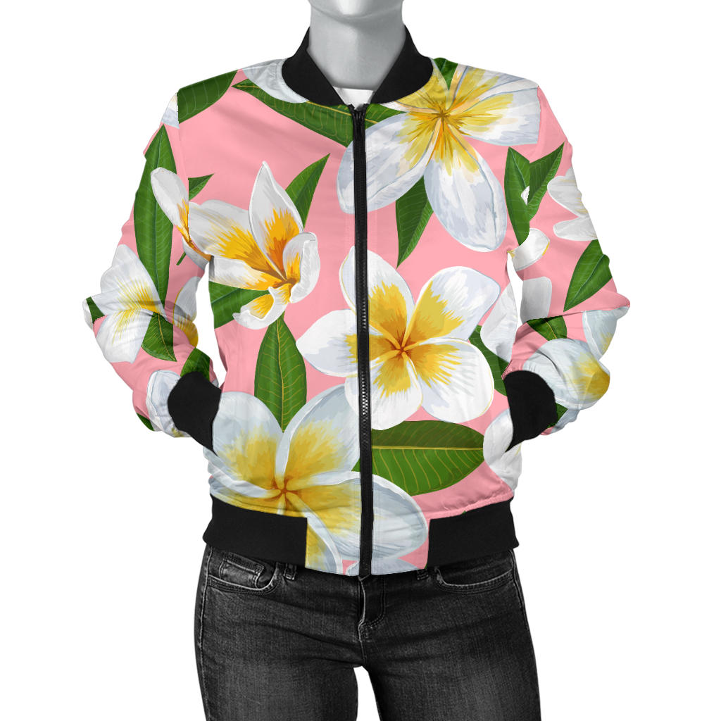 White Plumeria Pattern Print Design PM011 Women Bomber Jacket