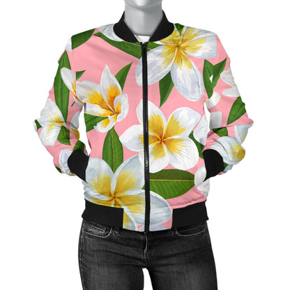 White Plumeria Pattern Print Design PM011 Women Bomber Jacket